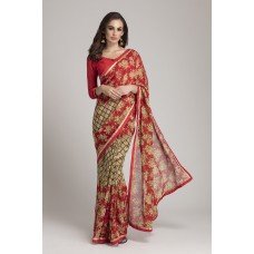 CS-37 RED GEORGETTE FLORAL PRINTED INDIAN PARTY WEAR SAREE